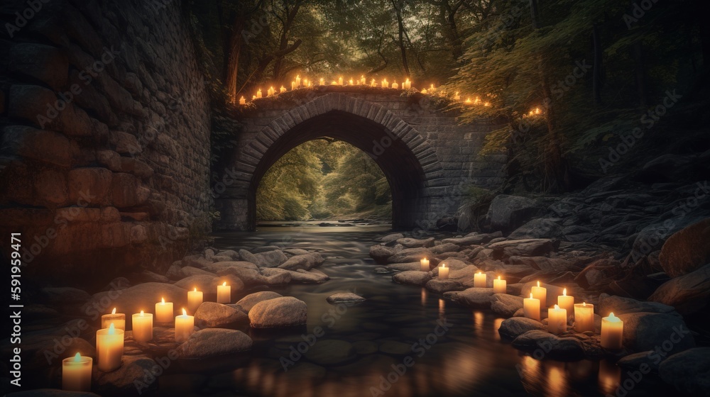 Poster a bridge with many lit candles in the middle of it and a river running under it with rocks and trees
