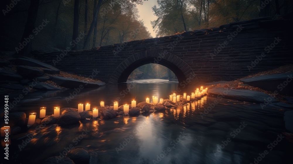 Poster a bridge over a river with many lit candles on it and a bridge in the background with a river runnin