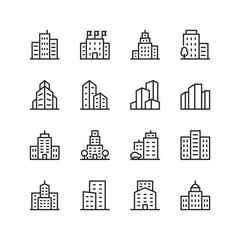 Business buildings, linear style icons set. Multistory building with windows. Company, business center. Editable stroke width