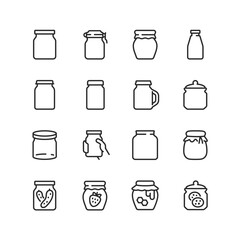 Jars, linear style icons set, glass jar for twisting, for storing food. Jars of jam. Pickles, jam, honey, cookies. Editable stroke width
