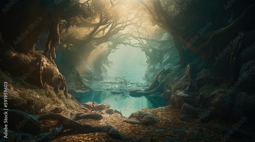 Poster a painting of a forest with a stream running through the middle of it and sun shining through the tr