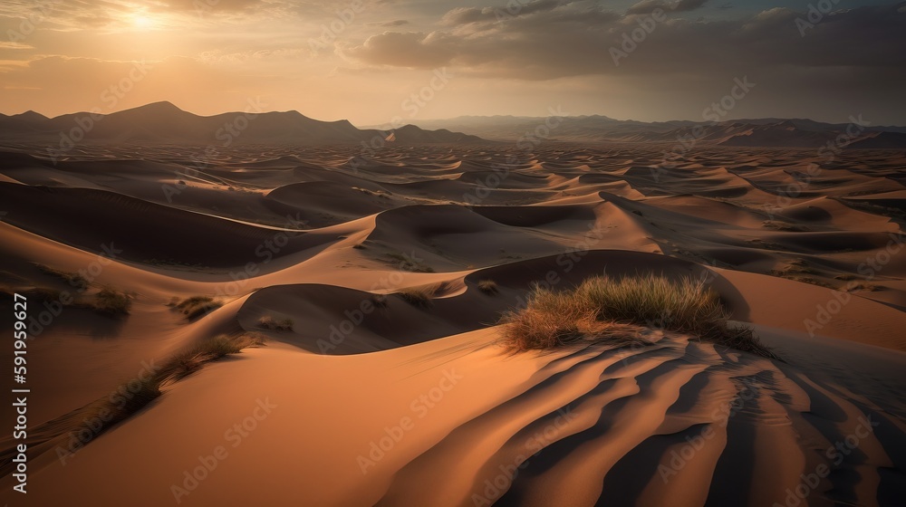 Poster the sun is setting over a desert with sand dunes and grass in the foreground and mountains in the di
