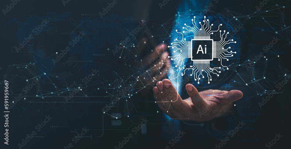 Poster businessman using technology smart robot ai, artificial intelligence, futuristic technology transfor