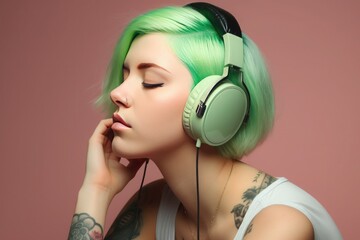 Young woman listening to music, generative AI
