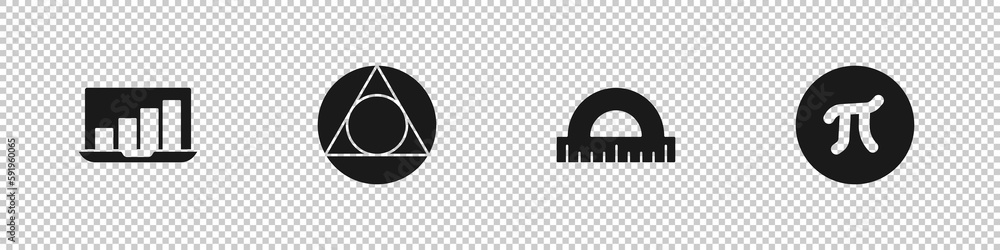 Poster set laptop with graph chart, triangle math, protractor and pi symbol icon. vector