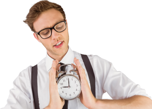 Geeky businessman holding alarm clock - Powered by Adobe