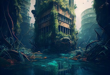 Abandoned futuristic city flooded and overgrown with tropical vegetation, apocalyptic fantasy concept art. generative ai illustration