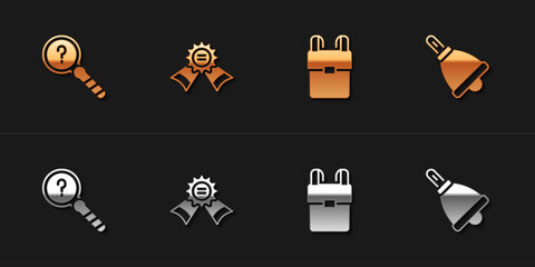 Set Unknown search, Medal, School backpack and Ringing bell icon. Vector