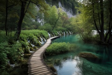 Fototapeta na wymiar The Plitvice Lakes National Park in Croatia, generative artificial intelligence 