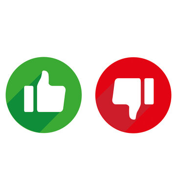 Icono de pulgares arriba y pulgares arriba. Me gusta y no me gusta. Normas. Etiquetas de buena y mala elecci&oacute;n. Fondo blanco. Vista de frente