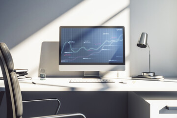 Modern computer display with abstract graphic data spreadsheet sketch, analytics and analysis...