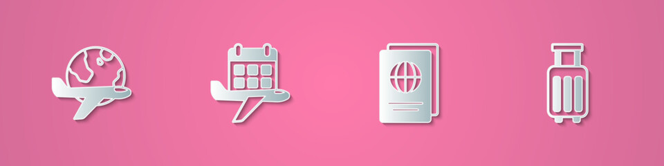 Set paper cut Globe with flying plane, Calendar and airplane, Passport and Suitcase icon. Paper art style. Vector