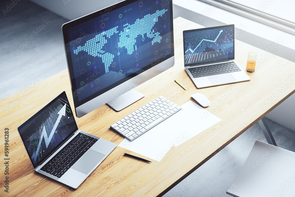 Poster abstract graphic world map on modern laptop screen, connection and communication concept. 3d renderi