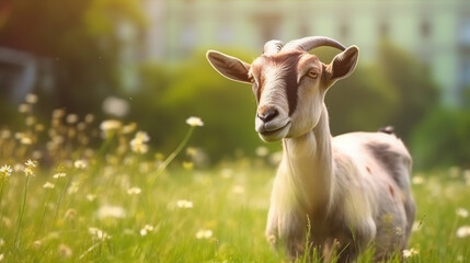 Obraz premium White goat on a meadow photo with generative ai technology