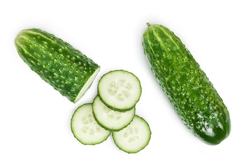 Sliced cucumber isolated on white background with clipping path and full depth of field, Top view. Flat lay