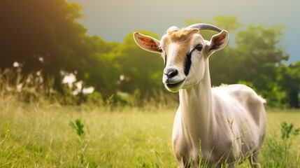 White goat on a meadow photo with generative ai technology