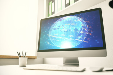 Modern computer monitor with abstract programming language with world map, research and development concept. 3D Rendering