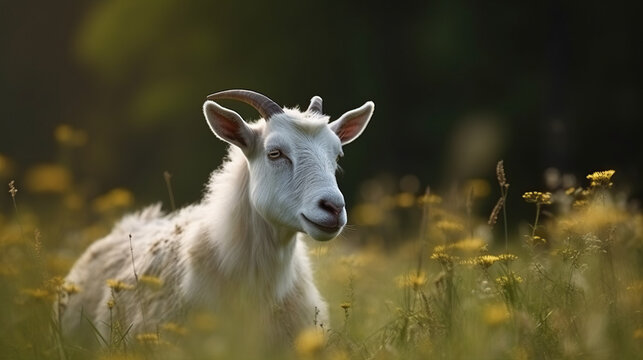 White goat on a meadow photo with generative ai technology