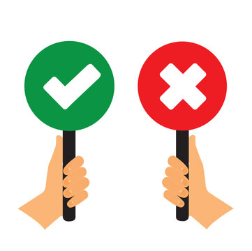 Manos sosteniendo un cartel con iconos buenos y malos, con s&iacute;mbolos positivos y negativos. Vector