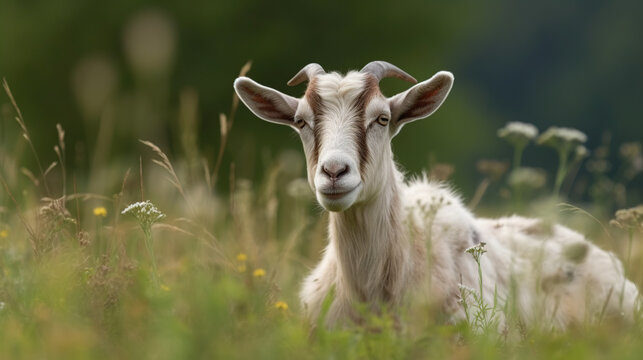 White goat on a meadow photo with generative ai technology