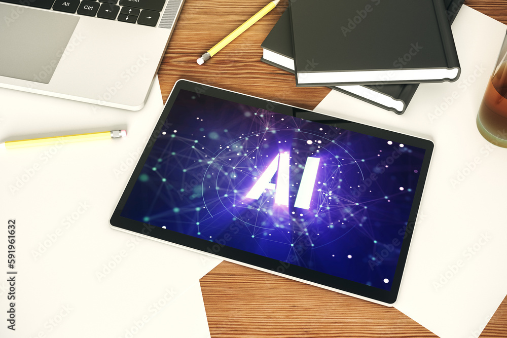 Fototapete creative artificial intelligence symbol concept on modern digital tablet screen. top view. 3d render
