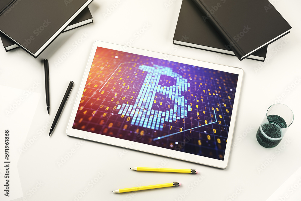 Poster Creative Bitcoin concept on modern digital tablet screen. Top view. 3D Rendering