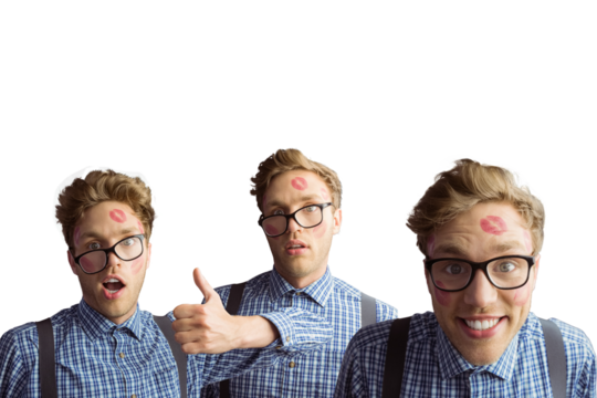 Smiling man with lipstick marks on face against white background - Powered by Adobe