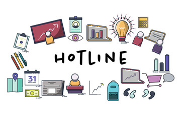 Hotline text amidst various icons