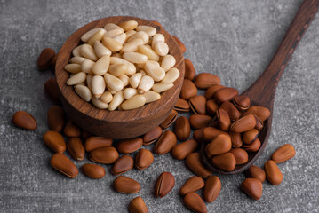 Pine nuts shelled and peeled. Сedar nuts. Toasted Organic Healthy Food.