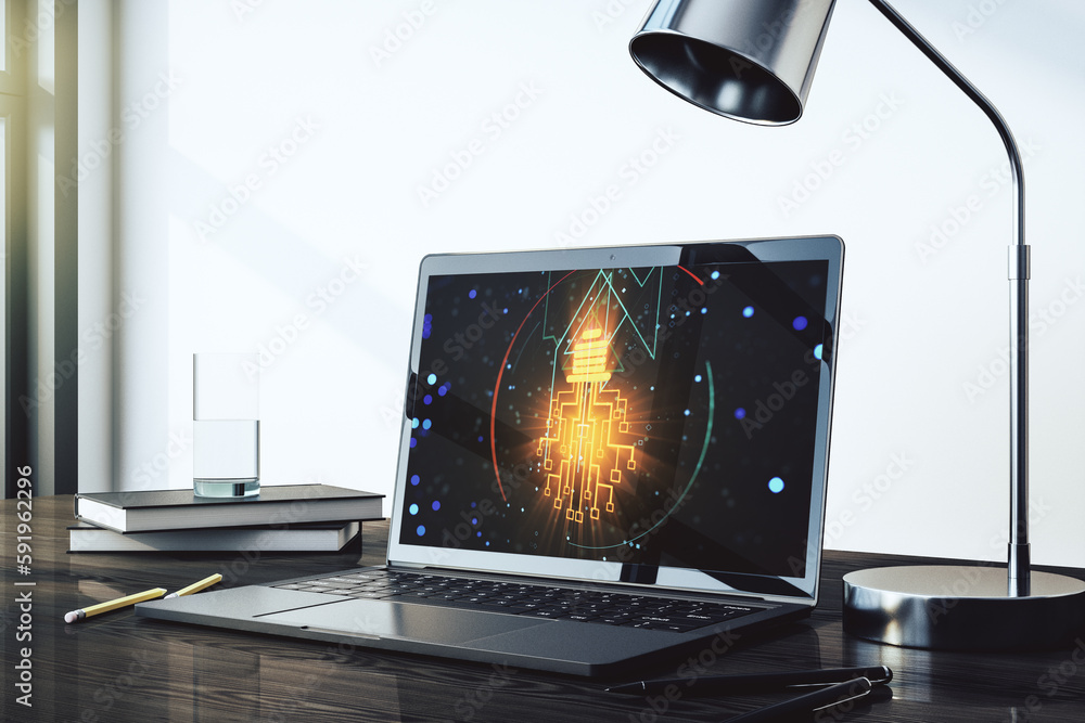 Aufkleber Modern computer monitor with creative light bulb hologram and chip on laptop background, idea and brainstorming concept. 3D Rendering