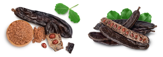 Carob pod and powder isolated on white background with full depth of field. Top view. Flat lay - obrazy, fototapety, plakaty