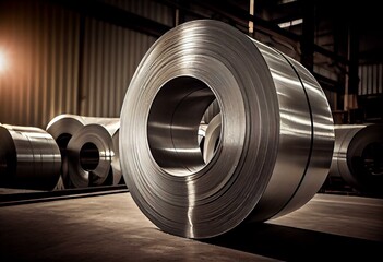 Cold rolled steel coil in warehouse of plant. Production of steel sheets in rolls and rolled metal products. Generative AI - obrazy, fototapety, plakaty