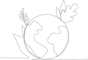 Earth is overgrown with various leaves. World environment day one-line drawing