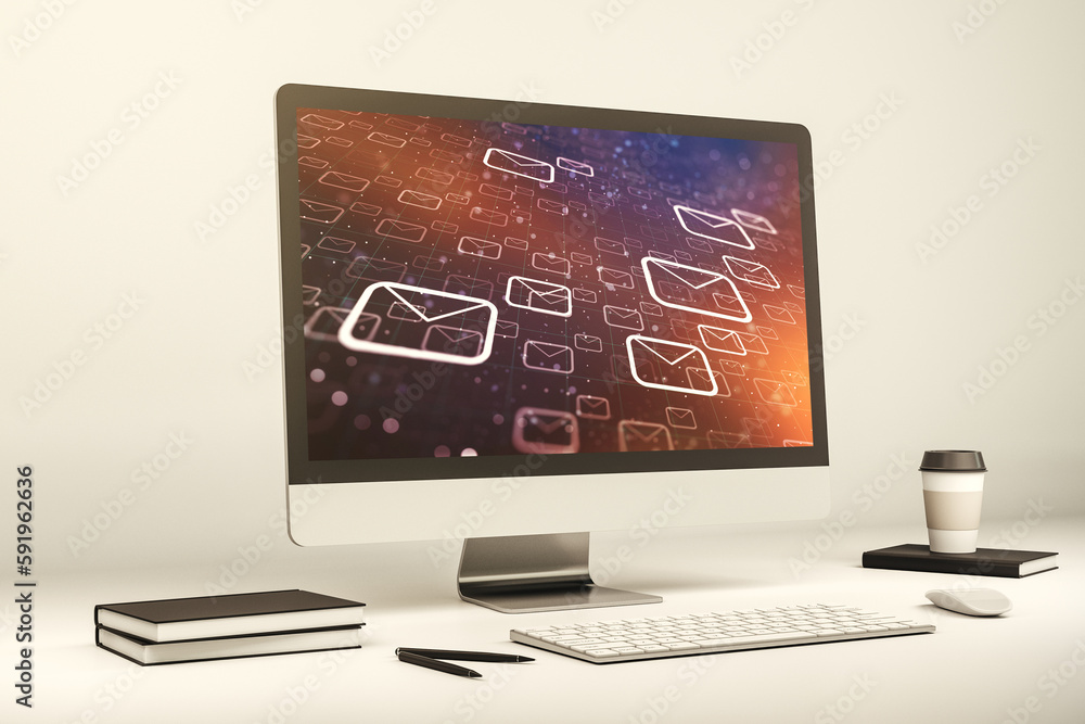 Poster Creative abstract postal envelopes sketch on modern laptop monitor, e-mail and marketing concept. 3D Rendering