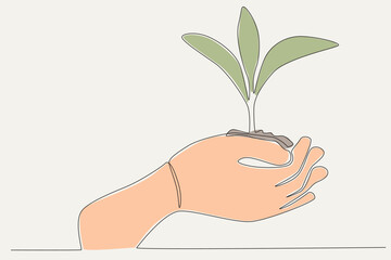Fototapeta na wymiar Colored illustration of a hand holding a tree bud. World environment day one-line drawing