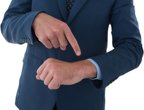 Mid section of businessman pointing on invisible wrist watch