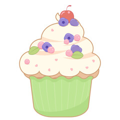 Muffin with cream and berry flavor and caramel hearts and fruits decor, stylization of retro, cartoon, anime image, background element, wallpaper, textile, wrapping paper, greeting cards