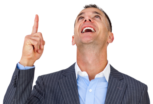 Cheerful businessman pointing upward 