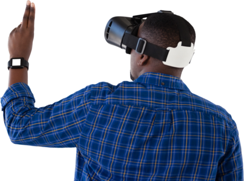 Man gesturing while using virtual reality headset