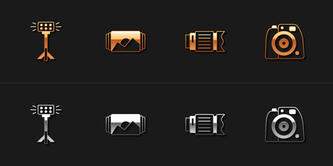 Set Studio light bulb in softbox, Photo frame, Camera photo lens and camera icon. Vector