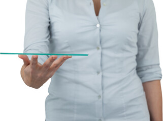 Midsection of businesswoman pretending to hold digital tablet
