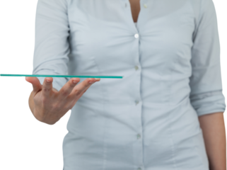 Midsection of businesswoman pretending to hold digital tablet