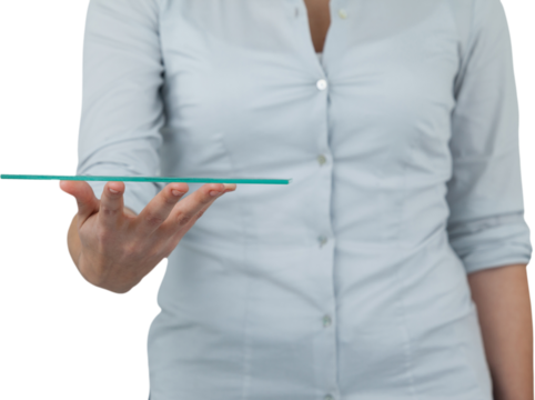 Midsection of businesswoman pretending to hold digital tablet