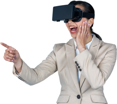 Excited businesswoman pointing while wearing virtual video glasses - Powered by Adobe