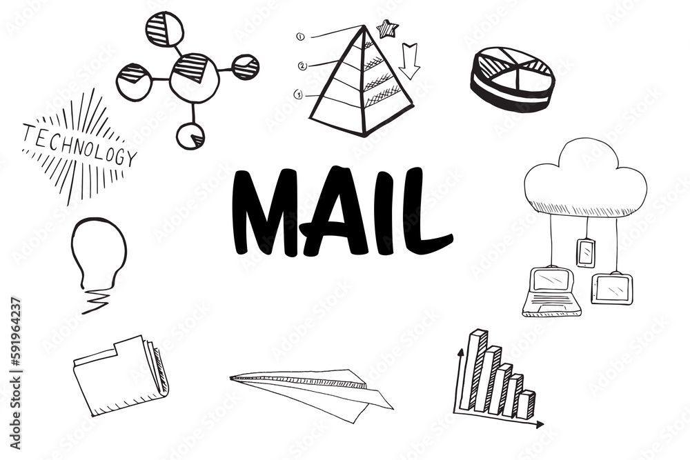 Poster mail text surrounded by various vector icons