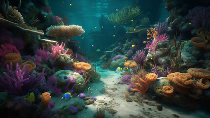 Naklejka na ściany i meble A coral reef with sea creatures that have the ability to change their shape and color, and underwater caves filled with glowing orbs,photorealistic