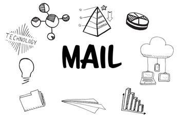 Mail text surrounded by various vector icons