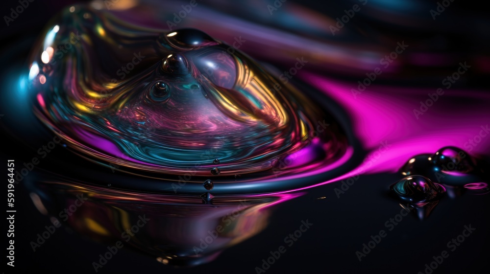 Poster a colorful liquid drop with a reflection of it on a black surface with a reflection of the drop in t