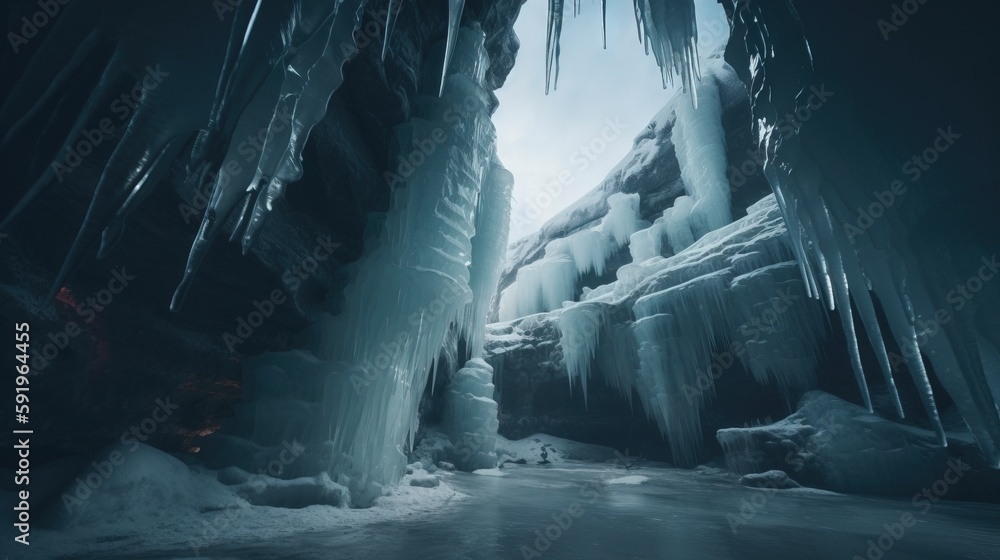 Poster a cave with ice formations on the walls and ice formations on the floor and walls, and a light at th