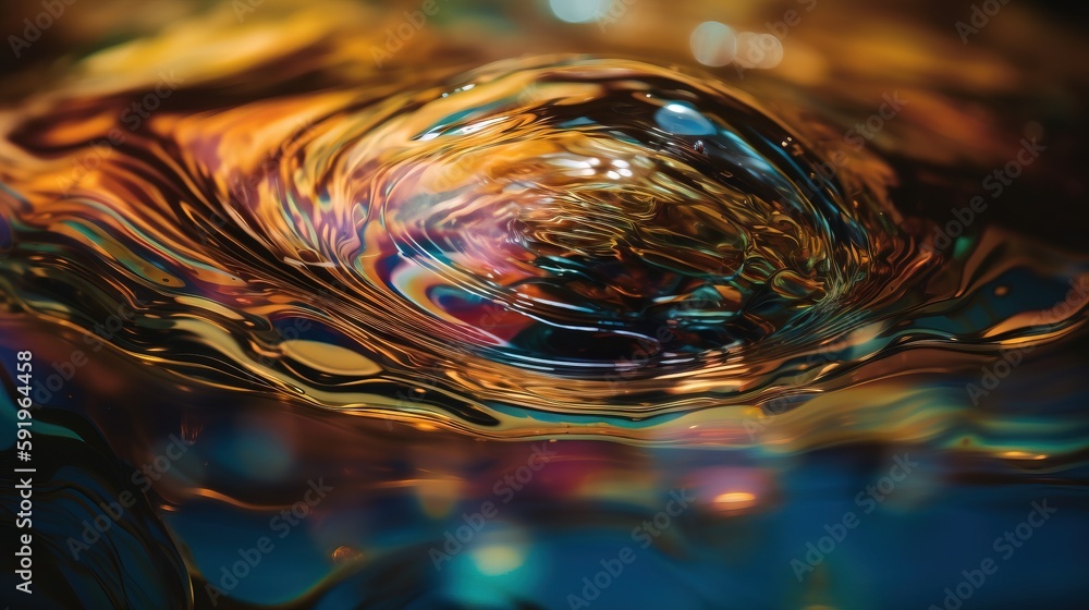 Poster a close up view of a water droplet with a multicolored background and blurry lines on the bottom of 